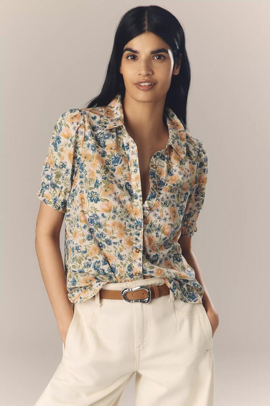Anthropologie Pilcro Aly Puff Sleeve Blue Yellow Floral Cotton Top XS